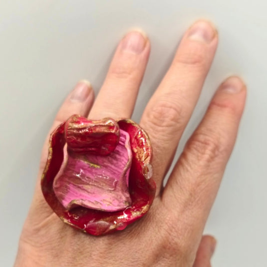 Anillo - pétalos rojo y rosa